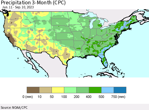 United States Precipitation 3-Month (CPC) Thematic Map For 6/11/2023 - 9/10/2023