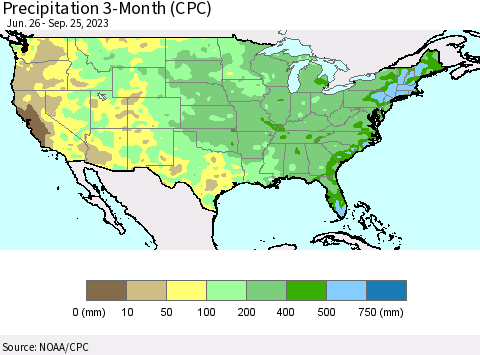 United States Precipitation 3-Month (CPC) Thematic Map For 6/26/2023 - 9/25/2023
