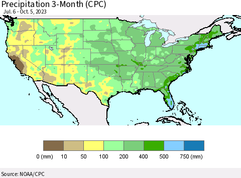 United States Precipitation 3-Month (CPC) Thematic Map For 7/6/2023 - 10/5/2023