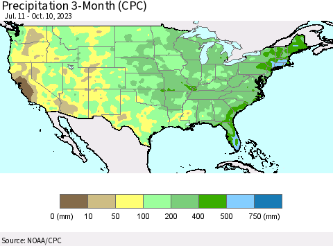United States Precipitation 3-Month (CPC) Thematic Map For 7/11/2023 - 10/10/2023