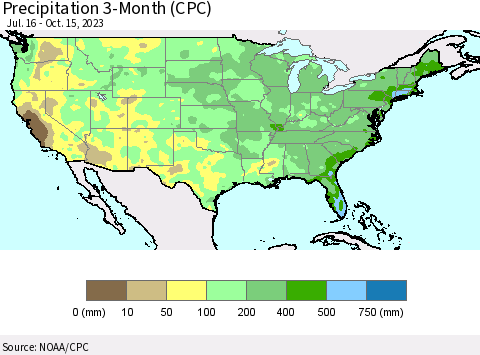 United States Precipitation 3-Month (CPC) Thematic Map For 7/16/2023 - 10/15/2023