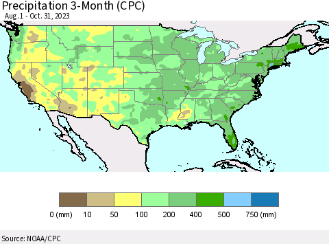 United States Precipitation 3-Month (CPC) Thematic Map For 8/1/2023 - 10/31/2023