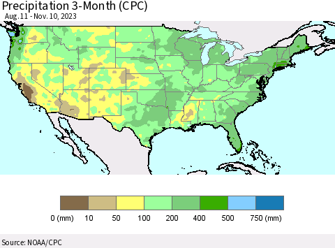 United States Precipitation 3-Month (CPC) Thematic Map For 8/11/2023 - 11/10/2023