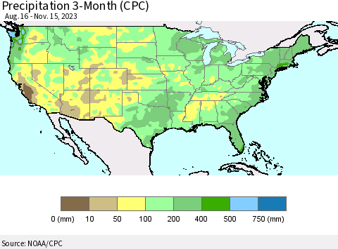 United States Precipitation 3-Month (CPC) Thematic Map For 8/16/2023 - 11/15/2023