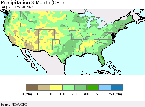 United States Precipitation 3-Month (CPC) Thematic Map For 8/21/2023 - 11/20/2023