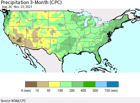 United States Precipitation 3-Month (CPC) Thematic Map For 8/26/2023 - 11/25/2023