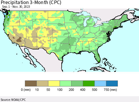 United States Precipitation 3-Month (CPC) Thematic Map For 9/1/2023 - 11/30/2023