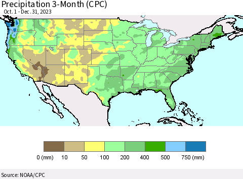 United States Precipitation 3-Month (CPC) Thematic Map For 10/1/2023 - 12/31/2023
