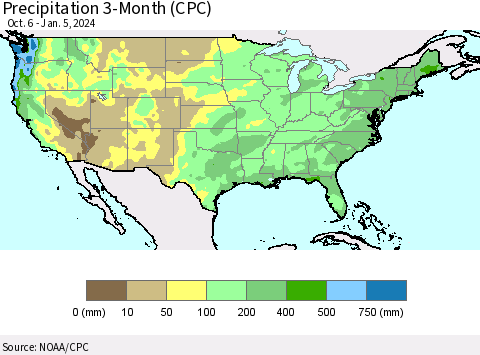 United States Precipitation 3-Month (CPC) Thematic Map For 10/6/2023 - 1/5/2024