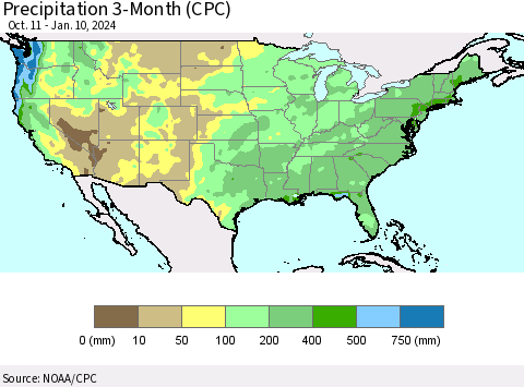 United States Precipitation 3-Month (CPC) Thematic Map For 10/11/2023 - 1/10/2024