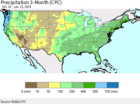 United States Precipitation 3-Month (CPC) Thematic Map For 10/16/2023 - 1/15/2024