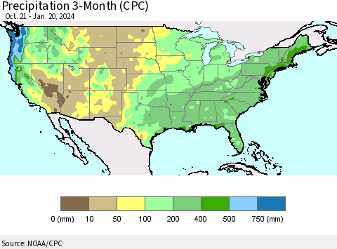 United States Precipitation 3-Month (CPC) Thematic Map For 10/21/2023 - 1/20/2024