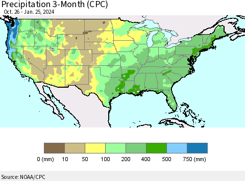 United States Precipitation 3-Month (CPC) Thematic Map For 10/26/2023 - 1/25/2024