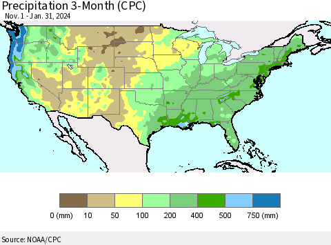 United States Precipitation 3-Month (CPC) Thematic Map For 11/1/2023 - 1/31/2024