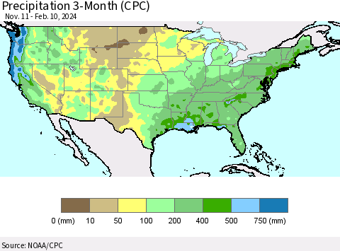United States Precipitation 3-Month (CPC) Thematic Map For 11/11/2023 - 2/10/2024