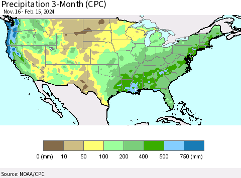 United States Precipitation 3-Month (CPC) Thematic Map For 11/16/2023 - 2/15/2024