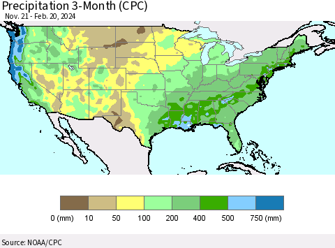 United States Precipitation 3-Month (CPC) Thematic Map For 11/21/2023 - 2/20/2024