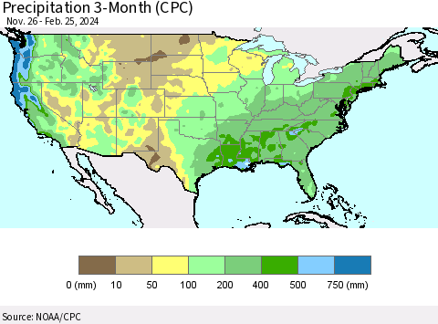 United States Precipitation 3-Month (CPC) Thematic Map For 11/26/2023 - 2/25/2024