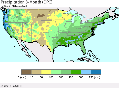 United States Precipitation 3-Month (CPC) Thematic Map For 12/11/2023 - 3/10/2024