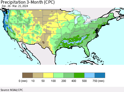 United States Precipitation 3-Month (CPC) Thematic Map For 12/26/2023 - 3/25/2024