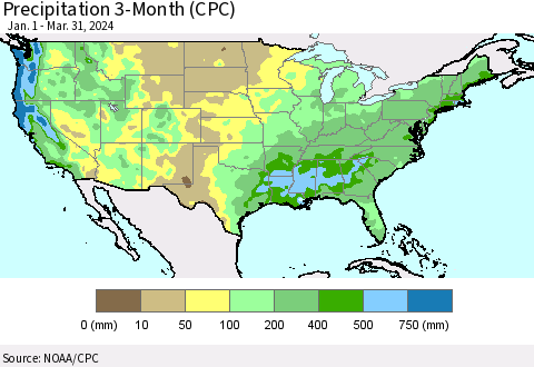 United States Precipitation 3-Month (CPC) Thematic Map For 1/1/2024 - 3/31/2024