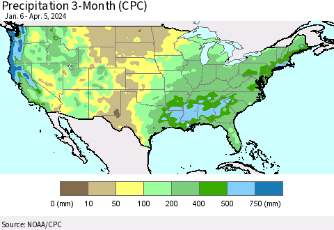 United States Precipitation 3-Month (CPC) Thematic Map For 1/6/2024 - 4/5/2024