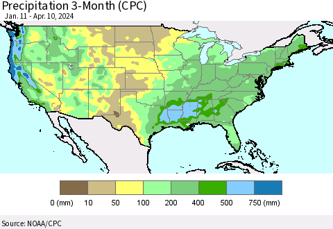 United States Precipitation 3-Month (CPC) Thematic Map For 1/11/2024 - 4/10/2024