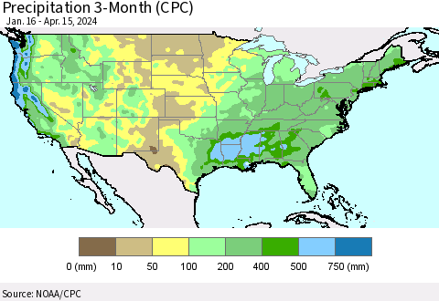 United States Precipitation 3-Month (CPC) Thematic Map For 1/16/2024 - 4/15/2024
