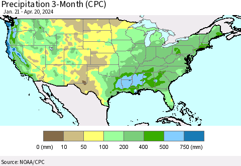 United States Precipitation 3-Month (CPC) Thematic Map For 1/21/2024 - 4/20/2024
