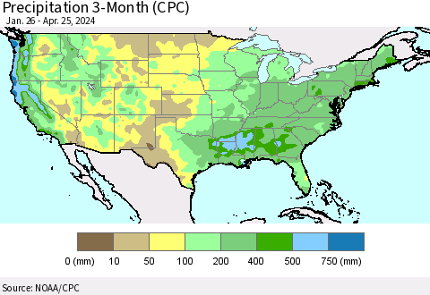 United States Precipitation 3-Month (CPC) Thematic Map For 1/26/2024 - 4/25/2024
