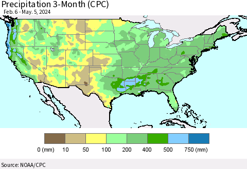 United States Precipitation 3-Month (CPC) Thematic Map For 2/6/2024 - 5/5/2024