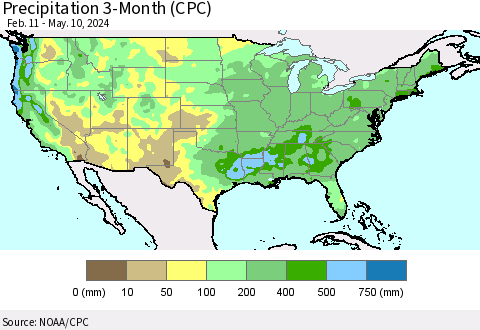 United States Precipitation 3-Month (CPC) Thematic Map For 2/11/2024 - 5/10/2024