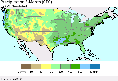 United States Precipitation 3-Month (CPC) Thematic Map For 2/16/2024 - 5/15/2024