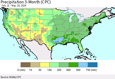 United States Precipitation 3-Month (CPC) Thematic Map For 2/21/2024 - 5/20/2024