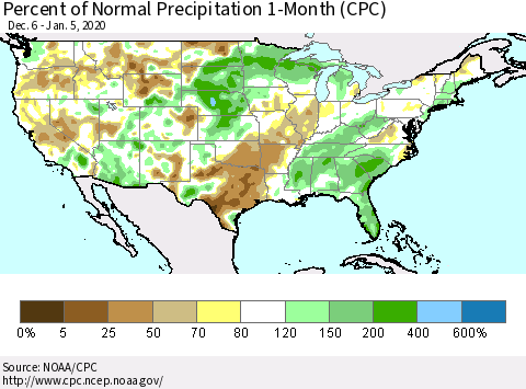 United States Percent of Normal Precipitation 1-Month (CPC) Thematic Map For 12/6/2019 - 1/5/2020