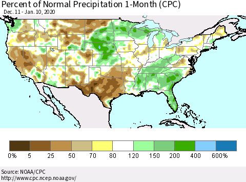 United States Percent of Normal Precipitation 1-Month (CPC) Thematic Map For 12/11/2019 - 1/10/2020
