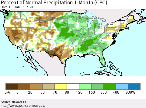 United States Percent of Normal Precipitation 1-Month (CPC) Thematic Map For 12/16/2019 - 1/15/2020