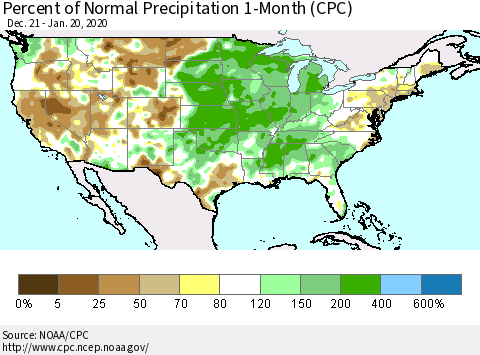 United States Percent of Normal Precipitation 1-Month (CPC) Thematic Map For 12/21/2019 - 1/20/2020
