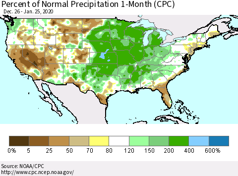 United States Percent of Normal Precipitation 1-Month (CPC) Thematic Map For 12/26/2019 - 1/25/2020