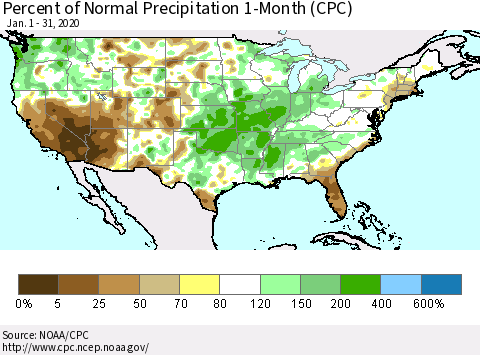United States Percent of Normal Precipitation 1-Month (CPC) Thematic Map For 1/1/2020 - 1/31/2020