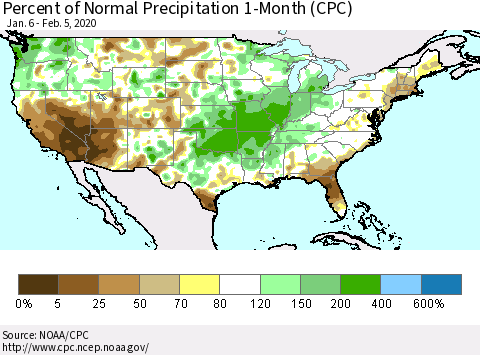 United States Percent of Normal Precipitation 1-Month (CPC) Thematic Map For 1/6/2020 - 2/5/2020
