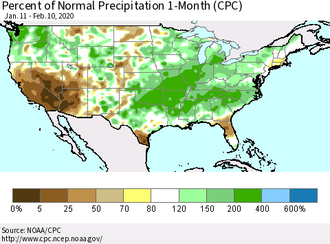 United States Percent of Normal Precipitation 1-Month (CPC) Thematic Map For 1/11/2020 - 2/10/2020