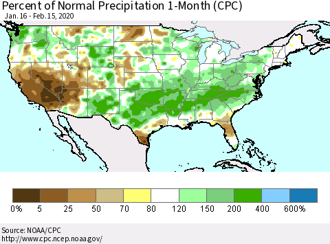 United States Percent of Normal Precipitation 1-Month (CPC) Thematic Map For 1/16/2020 - 2/15/2020