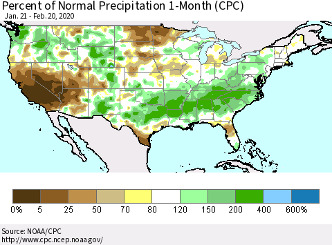 United States Percent of Normal Precipitation 1-Month (CPC) Thematic Map For 1/21/2020 - 2/20/2020