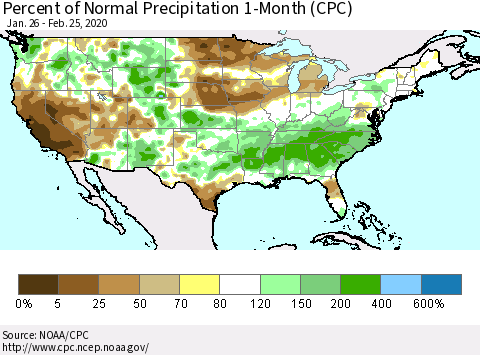 United States Percent of Normal Precipitation 1-Month (CPC) Thematic Map For 1/26/2020 - 2/25/2020