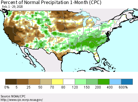 United States Percent of Normal Precipitation 1-Month (CPC) Thematic Map For 2/1/2020 - 2/29/2020