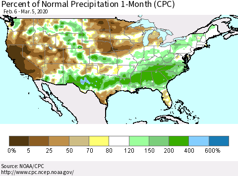 United States Percent of Normal Precipitation 1-Month (CPC) Thematic Map For 2/6/2020 - 3/5/2020