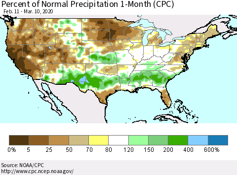 United States Percent of Normal Precipitation 1-Month (CPC) Thematic Map For 2/11/2020 - 3/10/2020