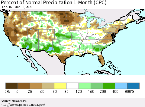 United States Percent of Normal Precipitation 1-Month (CPC) Thematic Map For 2/16/2020 - 3/15/2020