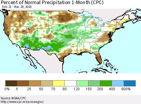 United States Percent of Normal Precipitation 1-Month (CPC) Thematic Map For 2/21/2020 - 3/20/2020
